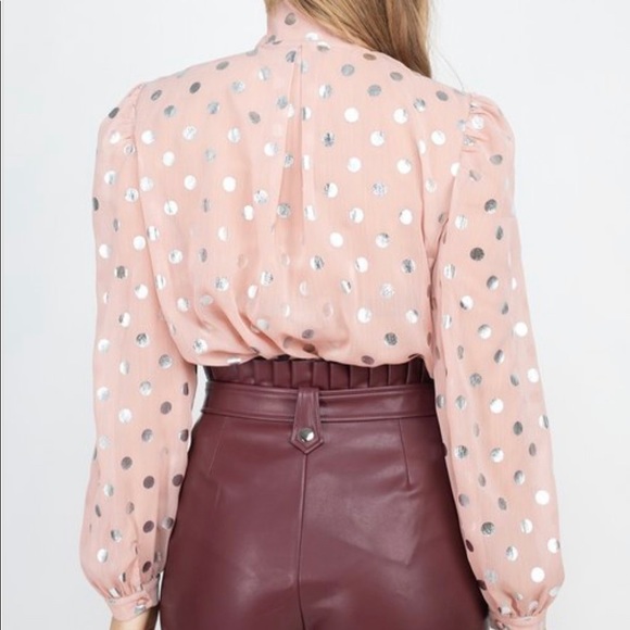 Mauve/Silver Sheer Long Sleeve Polka Dot Neck Tie Blouse - Picture 3 of 15